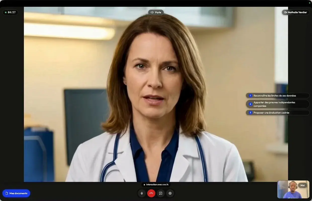 Persona médecin IA Face Up en conversation avec un visiteur médical